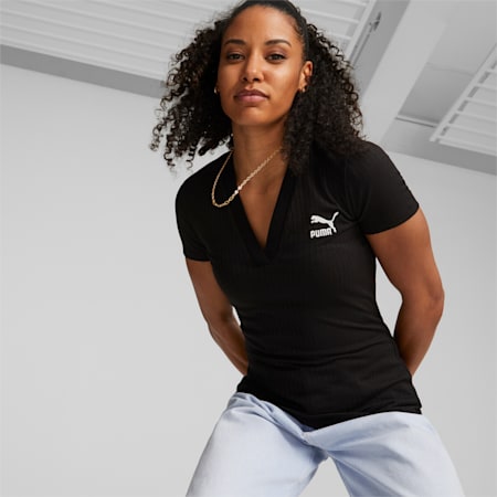 T-shirt côtelé à col en V Classics Femme, PUMA Black, small-DFA