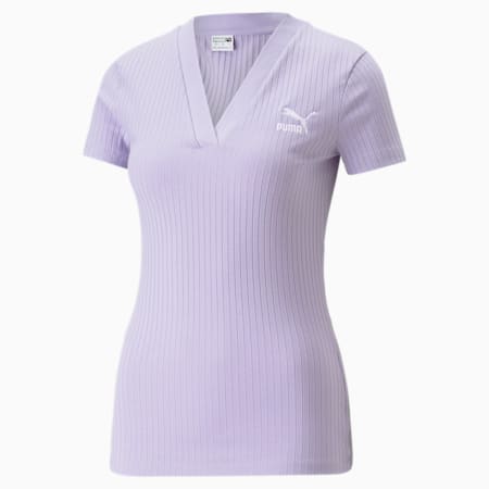 T-shirt côtelé à col en V Classics Femme, Vivid Violet, small-DFA
