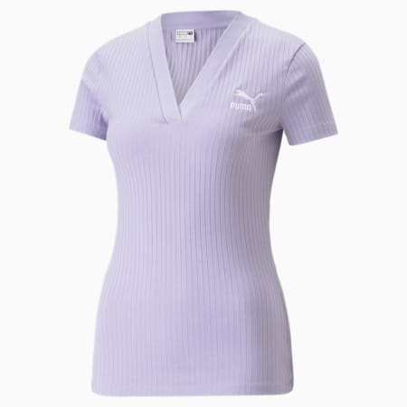 T-shirt côtelé à col en V Classics Femme, Vivid Violet, small