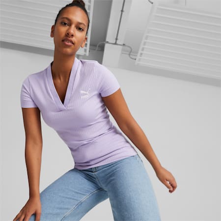 Classics Ribbed V-Neck Tee Women, Vivid Violet, small-DFA