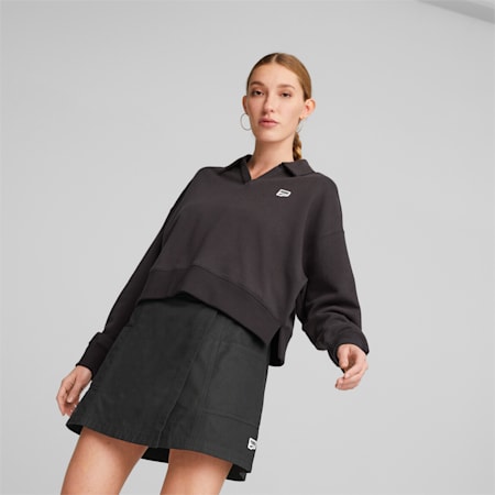 Downtown Women's Oversized Polo Sweatshirt, PUMA Black, small-AUS