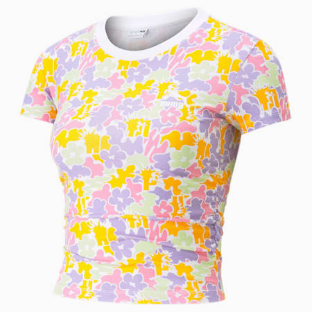 Kort T-shirt met ruches en all-over print voor dames, Puma White, small