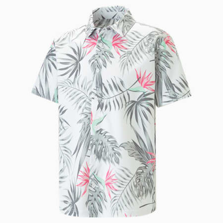 PUMA x Palm Tree Crew Men's Paradise Button-Down Golf Shirt, Bright White, small-AUS