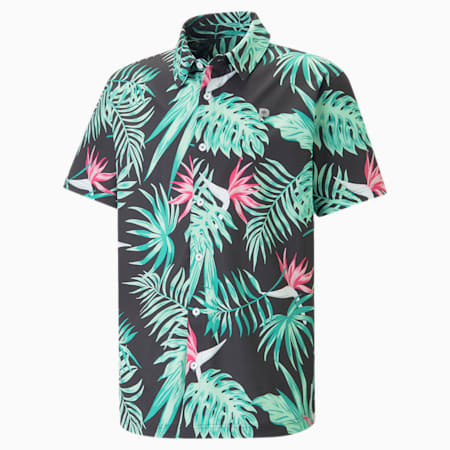 PUMA x Palm Tree Crew Paradise Button-Down golfshirt voor heren, PUMA Black, small