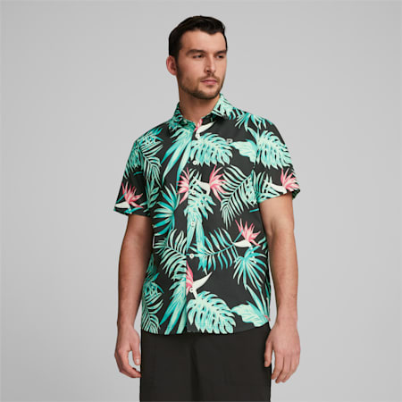 PUMA x Palm Tree Crew Paradise Button-Down golfshirt voor heren, PUMA Black, small