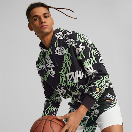 Freestyle Booster Basketball Hoodie Men, PUMA Black-DON'T FLINCH AOP, small-PHL