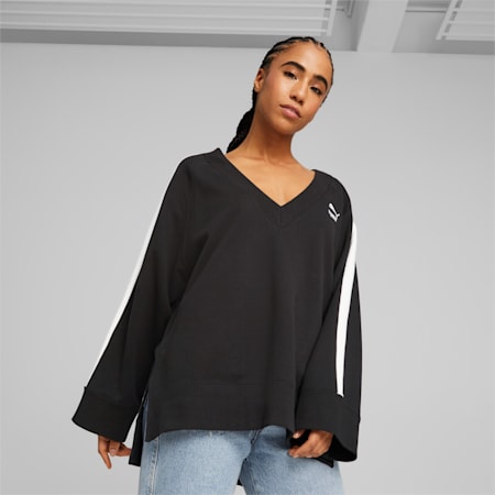 T7 V-Neck Sweatshirt Women, PUMA Black, small-PHL