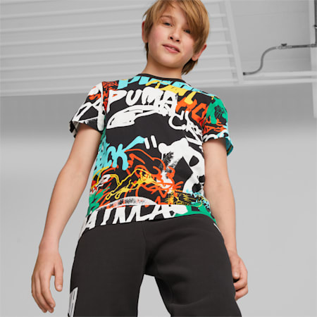 T-shirt de basketball Block Party Adolescent, PUMA Black-AOP, small-DFA