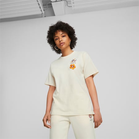 חולצת טי שירט PUMA x LIBERTY גרפית לנשים, Pristine, small-DFA
