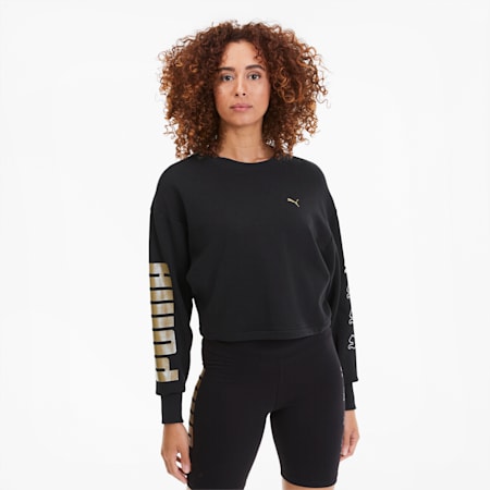 Rebel Crew Training Women's Sweatshirt, Puma Black-Gold-Silver, small-SEA