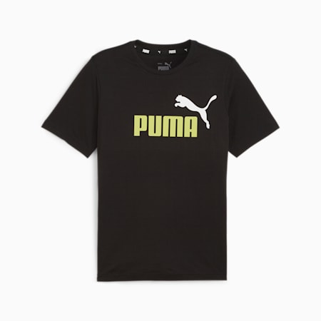 Essentials+ 2 Colour Men's Logo Tee, PUMA Black-Lime Sheen, small-AUS