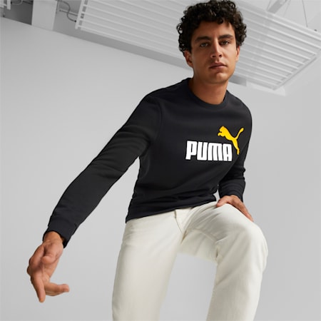 Essentials+ Two-Tone Big Logo Crew Neck Men's Sweater, Puma Black-tangerine, small-AUS