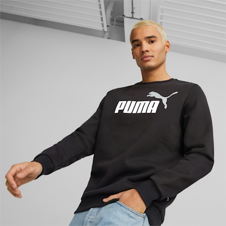 Essentials+ Two-Tone Big Logo Crew Neck Sweater Men, PUMA Black-puma white, small-AUS