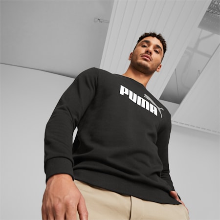 Essentials+ tweekleurige sweater met ronde hals en groot logo voor heren, PUMA Black-puma white, small