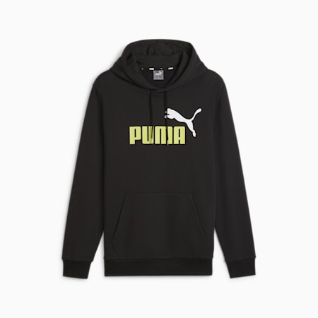 Essentials+ hoodie met groot tweekleurig logo voor heren, PUMA Black-lime sheen, small