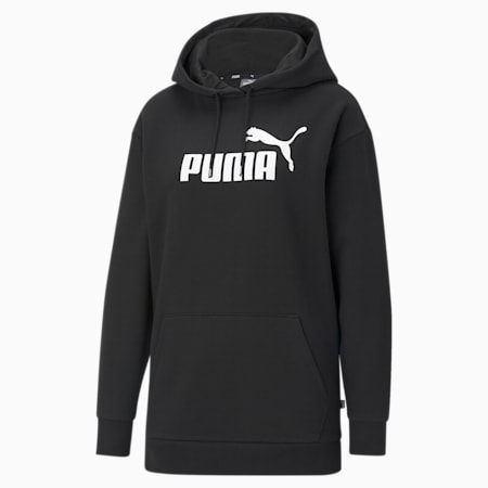 Essentials Logo Elongated Women s Hoodie Puma Black PUMA Sustainable Fashion PUMA