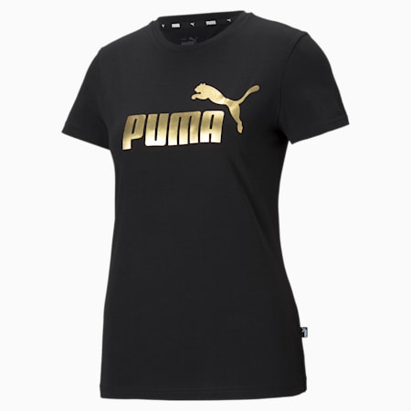 Essentials+ Metallic Logo Women's Tee, Puma Black-Gold, small-AUS