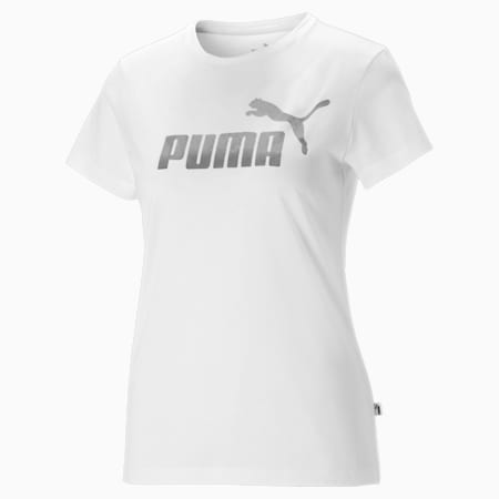 Essentials+ Metallic Logo Damen T-Shirt, Puma White-Silver, small