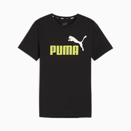 Essentials+ T-shirt met tweekleurig logo voor jongeren, PUMA Black-Lime Sheen, small