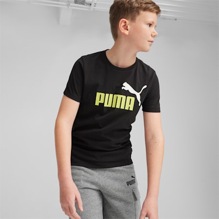 Essentials+ T-shirt met tweekleurig logo voor jongeren, PUMA Black-Lime Sheen, small