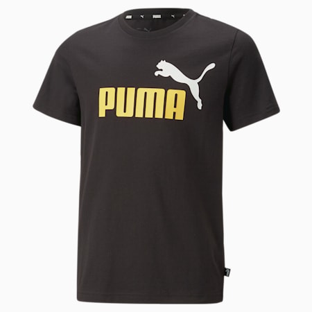 เสื้อยืดคอกลมเด็กโต Essentials+ Two-Tone Logo Tee, Puma Black-Mustard Seed, small-THA