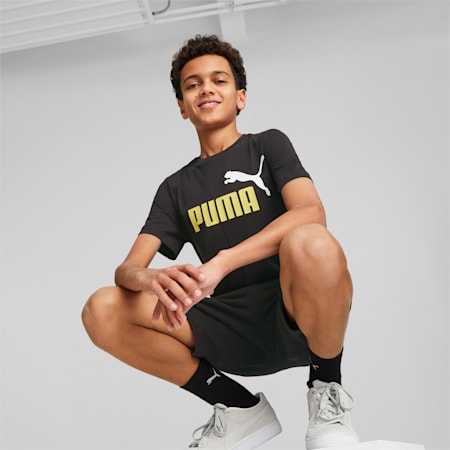 Essentials+ Two-Tone Logo Youth Tee, Puma Black-Mustard Seed, small-PHL