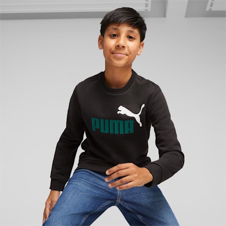 Essentials+ Two-Tone Big Logo Crew Neck Youth Sweater, PUMA Black-malachite, small