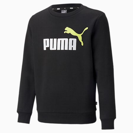 Essentials+ Two-Tone Big Logo Crew Neck Youth Sweater, Puma Black-lemon, small