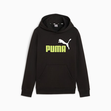 Essentials+ hoodie met groot tweekleurig logo voor jongeren, PUMA Black-Lime Sheen, small