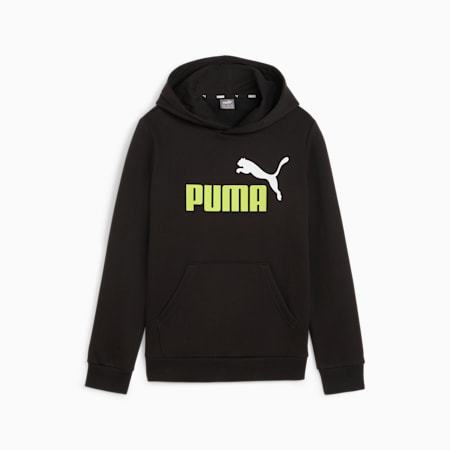 Essentials+ Two-Tone Big Logo Youth Hoodie, PUMA Black-Lime Sheen, small