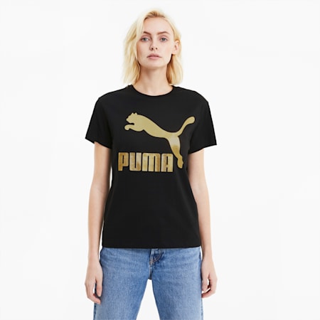 Classics Women's Logo Tee, Puma Black-gold, small-SEA