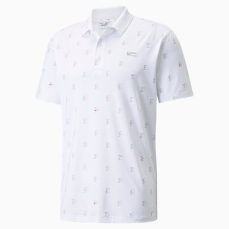 MATTR Moving Day Men's Golf Polo Shirt, Bright White-Vibrant Orange, small-SEA