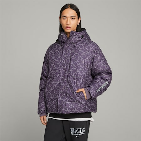 PUMA x PLEASURES Men's Puffer Jacket, Purple Charcoal, small-AUS