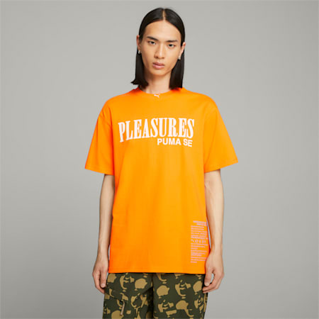 PUMA x PLEASURES Typo Men's Tee, Orange Glo, small-AUS