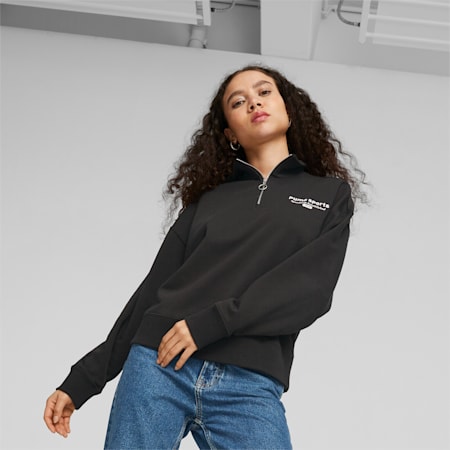 PUMA TEAM Women's Half-Zip Sweatshirt, PUMA Black, small-AUS