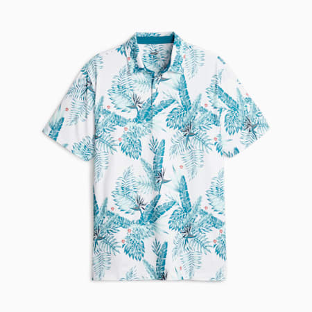 Męska golfowa koszulka polo Cloudspun Aloha, White Glow-Pacific Green, small