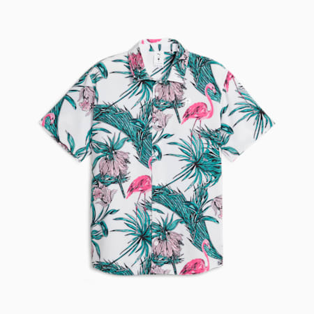 PUMA x PALM TREE CREW Men's Button Down Golf Shirt, White Glow-Charming Pink, small