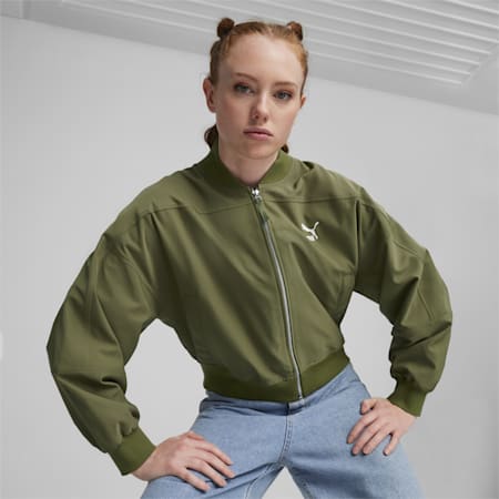 Classics Shiny Women's Bomber Jacket, Olive Green, small-AUS