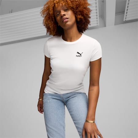 CLASSICS Women's Ribbed Slim Tee, PUMA White, small-SEA