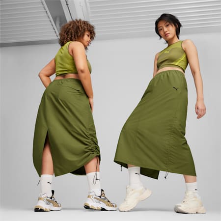 DARE TO Women's Midi Woven Skirt, Olive Green, small-SEA