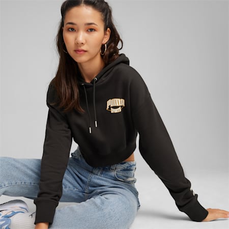 PUMA TEAM Women's Cropped Hoodie, PUMA Black, small-AUS