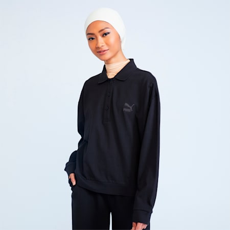 Classics HR Long Sleeve Women's Polo Shirt, PUMA Black, small-SEA