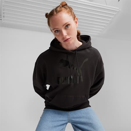 CLASSICS Shiny Logo hoodie voor dames, PUMA Black, small