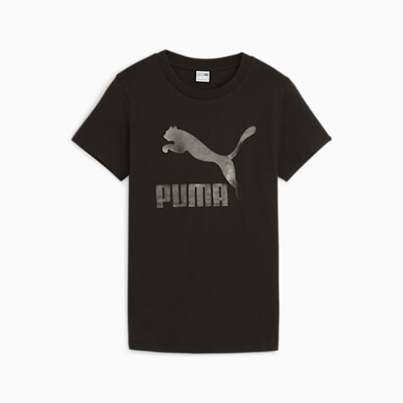 CLASSICS Shiny Logo T-shirt voor dames, PUMA Black, small