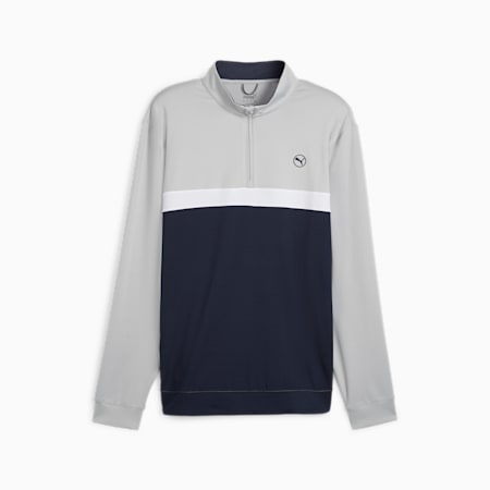 Pure Colourblock golftop met kwartrits voor heren, Ash Gray-Deep Navy, small