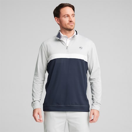 Pure Colourblock Golfshirt mit viertellangem Reißverschluss Herren, Ash Gray-Deep Navy, small
