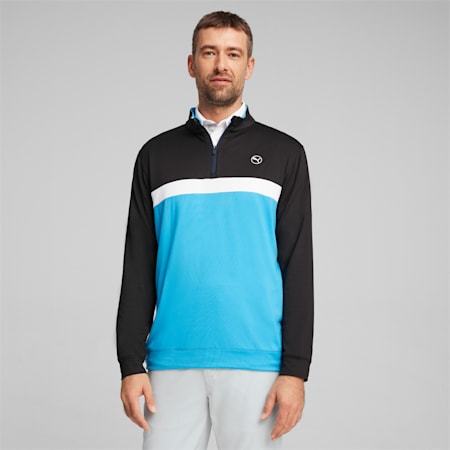 Pure Colourblock Men's Golf Quarter-Zip, PUMA Black-Aqua Blue, small