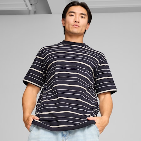 MMQ Men's Striped Tee, New Navy, small-AUS