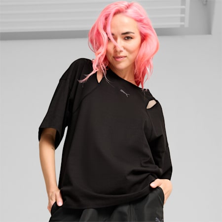 DARE TO Women's Oversized Cut-Out Tee, PUMA Black, small-AUS