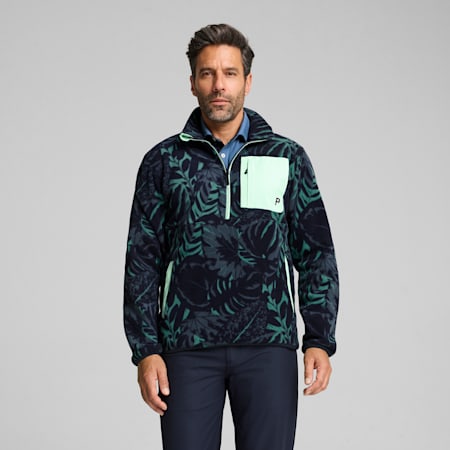 PUMA x PALM TREE CREW Half-Zip Palm Fleece Top, Deep Navy-Sparkling Green, small